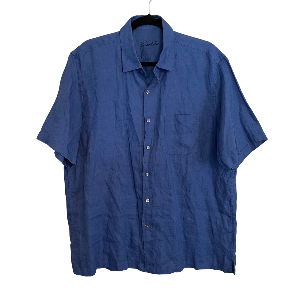 Tasso Elba Mens Blue 100% Linen Short Sleeve Button Down‎ Shirt Large HO17 0917